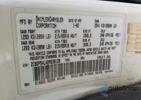 2002 Chrysler Town & Country Lxi z USA, uszkodzony, nr VIN 2C8GP54LX2R638128